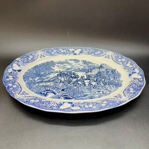 1970s VTG Large Sanyei Blue/White Oval Platter Cottage Carriage Coach Horse